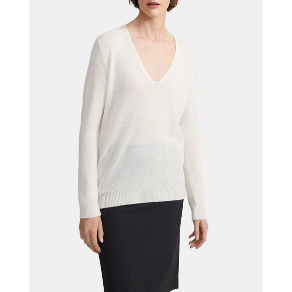 Theory Adrianna 100% Cashmere V Neck Long Sleeve Sweater Womens Large Ivory - Picture 1 of 5